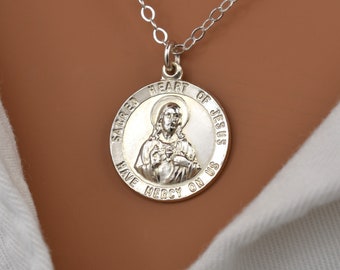 Sterling Silver Jesus Pendant Necklace. Christian Necklaces for Women. Sacred Heart of Jesus Medallion in 925 Silver. Christian Gifts.