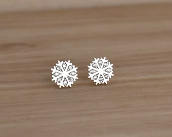 Snowflake Stud Earrings in Sterling Silver with Cubic Zirconia. Silver Stud Earrings with Tiny Crystals. Sparkly Silver Post Earrings.