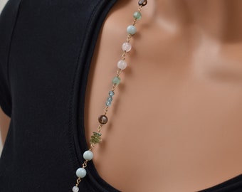 Långt halsband med ädelstenspärlor, flerfärgad guldfylld kedja, 86 cm