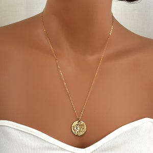 Gold Lion Pendant Necklace. Leo Zodiac Necklace. Gold Coin Pendant. Amulet Necklace, Gift for Girls or Women image 2