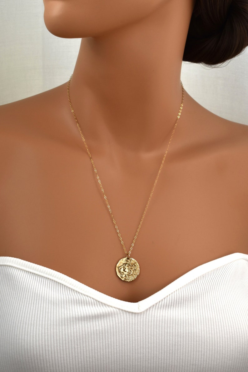 Gold Lion Pendant Necklace. Leo Zodiac Necklace. Gold Coin Pendant. Amulet Necklace, Gift for Girls or Women image 2