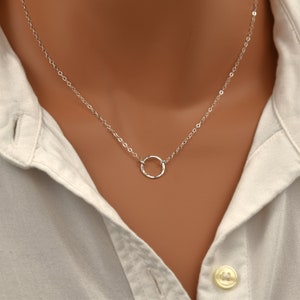 Simple Sterling Silver Circle Necklace. Minimalist Dainty Silver Necklace with Hammered Charm. 925 Silver Everyday Necklace for Women.