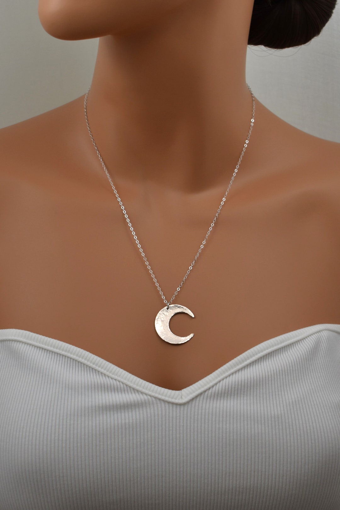 Sterling Silver Crescent Moon Pendant Necklace; Hammered Moon Long ...
