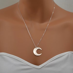 Sterling Silver Crescent Moon Pendant Necklace; Hammered Moon Long Layering Necklace; Large Bohemian Statement Necklace