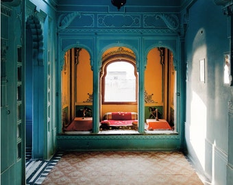Udaipur City Palace III - Limited and open edition architecture travel photo. Atmospheric and idyllic interior with blues and orange colours