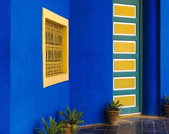 Jardin Majorelle, Marrakech II - Open and limited edition travel photography art print. Majorelle blue facade with contrasting yellow detail