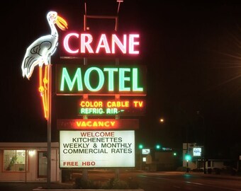 Crane Motel - open and limited edition travel cityscape art print. Atmospheric night photography of neon light in Roswell, New Mexico.
