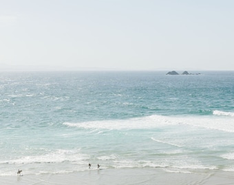 Surf Time at Wategos Beach - limited and open edition seascape travel photography art prints. High key landscape with surfers on the beach.