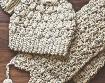 Chunky Hat & Scarf Set | Super Cozy Handmade Slouchy Beanie with Tassel | Neutral Wool Crochet Hat and Scarf | Wheat-Colored Scarf and Hat