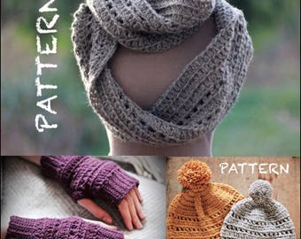 Crochet Pattern Set: Hat, Infinity Scarf, Fingerless Mitts | Riding the Rails | Beginner/Intermediate | Photo Tutorial Crochet Instructions