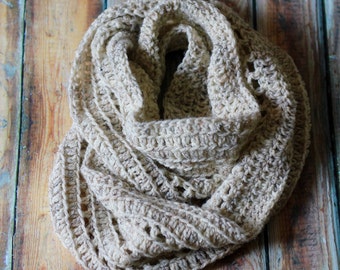 Infinity Scarf - Size S | Natural Wheat | Washable Wool-Blend Scarf | Crochet Circle Scarf | Knit Cowl