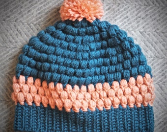 Cozy Crocheted Hat | Teal and Salmon Slouchy Winter Hat with PomPom | Knit Beanie | Turquoise and Peach Puff-Stitch Hat
