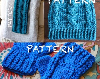 Crochet Pattern Set: Hat, Fingerless Mittens & Scarf | Crochet Beanie, Handwarmers, Infinity Scarf / Cowl | Photo Tutorial for Making Cables