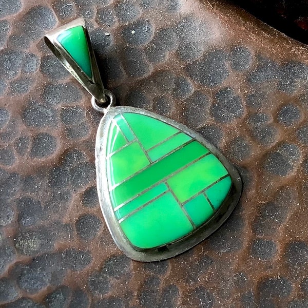 Zuni Green Turquoise Inlay Sterling Pendant