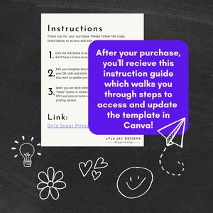 May include: An instruction guide with the text "After your purchase, you'll receive this instruction guide which walks you through steps to access and update the template in Canva!" on a purple background. The guide includes steps to access and edit a template.