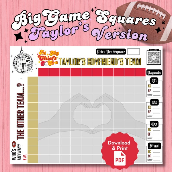 Printable Super Bowl Square Game | Taylor's Version, Instant Download, Superbowl LVIII 2024 (11x8.5 PDF), Chiefs vs 49ers