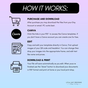 K&ouml;nnte beinhalten: Eine Grafik mit Anweisungen zur Verwendung von Canva zum Bearbeiten und Drucken digitaler Vorlagen. Die Grafik enth&auml;lt Symbole zum Herunterladen, Bearbeiten und Drucken. Der Text lautet "So funktioniert's: Kaufen und herunterladen, Canva, Bearbeiten, Herunterladen und drucken".