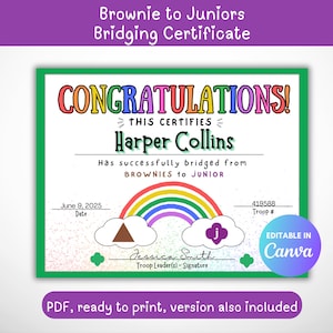 Brownie to Junior Bridging Certificate, Scout Award, Bridging Ceremony Certificate, Brownies to Juniors Printable, Scout Troop Leader Tools