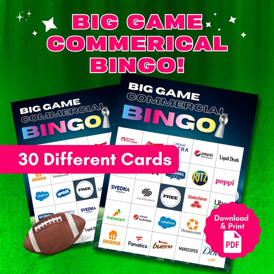 2026 Big Game Commercial Bingo – Super Football Party Game Printable ...