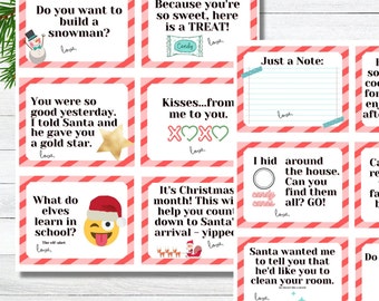 May include: A selection of Christmas cards with red and white striped borders. Each card displays festive messages and illustrations, such as a snowman, star, candy, and Santa. The cards are designed for holiday greetings and notes.
