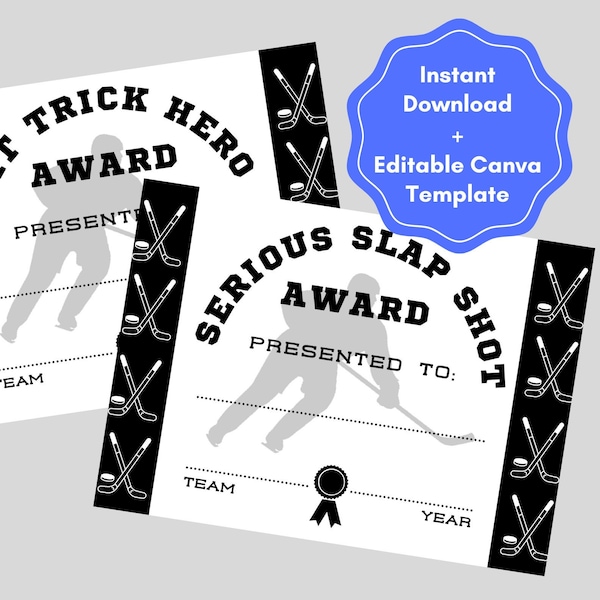 Editable ice hockey team awards, certificates, end of season awards - instant download printable awards