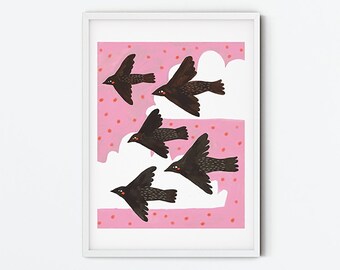 Birds | Pink | Flying Birds | Cute Bird Art | Bird Art Print | Bird Wall Art | A4 Print | Pink | Quirky Art Print | Bird Character | Gouache
