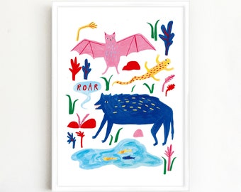 Animal Print | Animals | Creatures | Colourful | Painting | Nursery Wall Art | Kids Wall Art | Quirky Art Print | Fun Character Print | A4