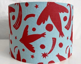 Handmade Screen-printed Drum Lampshade | Linen | Blue Lampshade | Home Decor | Textiles | 30cm x 21cm | Red | Birds | Celestial | Stars