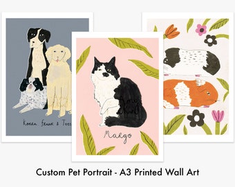 Personalised pet portrait | A3 Art Print | Custom | Multiple pets | Quirky pet portrait | Wall Art | Stylised | Printed pet portrait | Kooky