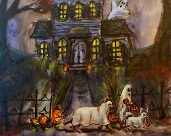 Impresión de 5 x 7 pulgadas de Un perro de Halloween Truco o trato