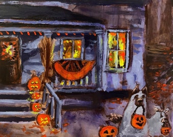 Impresión de perro de Halloween: Cabaña espeluznante, linternas de Halloween, perros fantasmas