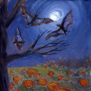 May include: A painting of a dark, gnarled tree with three bats flying in the night sky. The moon is visible in the sky, and the ground is covered in orange pumpkins.