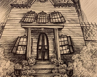 Ghastly Manor Halloween Haunted House 9x12 Inch Print Wall Hanging