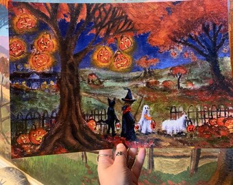 Jack O Lantern Glow Trick or Treat 11x16 Inch Halloween Art Print