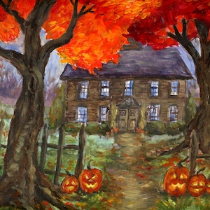 Stampa di Halloween con casa stregata di Halloween Jack O&#39; Lantern di October Hill da 9 x 12 pollici