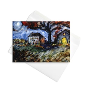 Halloween Haunted House Greeting Card: Spooky Colonial Farm Art