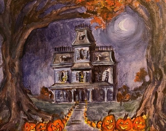 May include: A spooky, gray, Victorian-style house with lit windows stands against a dark, purple sky. A crescent moon hangs in the sky. A path lined with jack-o'-lanterns leads to the front door. Two trees frame the scene.