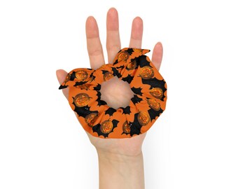 Scrunchie de Halloween: Jack O'Lantern e estampa de morcego, laço removível
