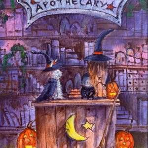 May include: A painting of a witch's apothecary shop with two witches standing behind a counter. The shop is decorated with pumpkins, a crescent moon, and a star. The sign above the shop reads "Ye Olde Magic Apothecary".