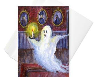 Halloween Ghost Greeting Card: Spooky Haunted House Art