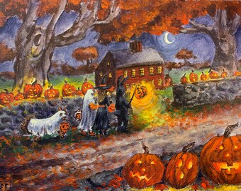 Impresión de Halloween encantada de truco o trato de 9 x 12 pulgadas