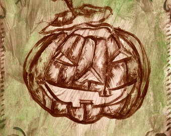 May include: A brown painted pumpkin with a carved face, set against a green and tan background. The artwork has a rustic, hand-painted style, with decorative swirls in the corners. The image evokes a Halloween theme.