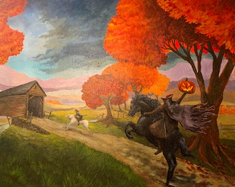 Mural de Sleepy Hollow: Jinete sin cabeza - Impresión digital de Halloween con escena de persecución