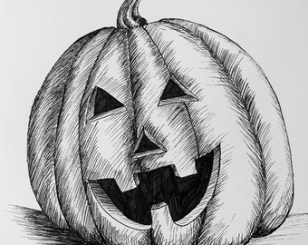 Original Jack O’ Lantern Halloween Pumpkin Ink Drawing, 9x12”