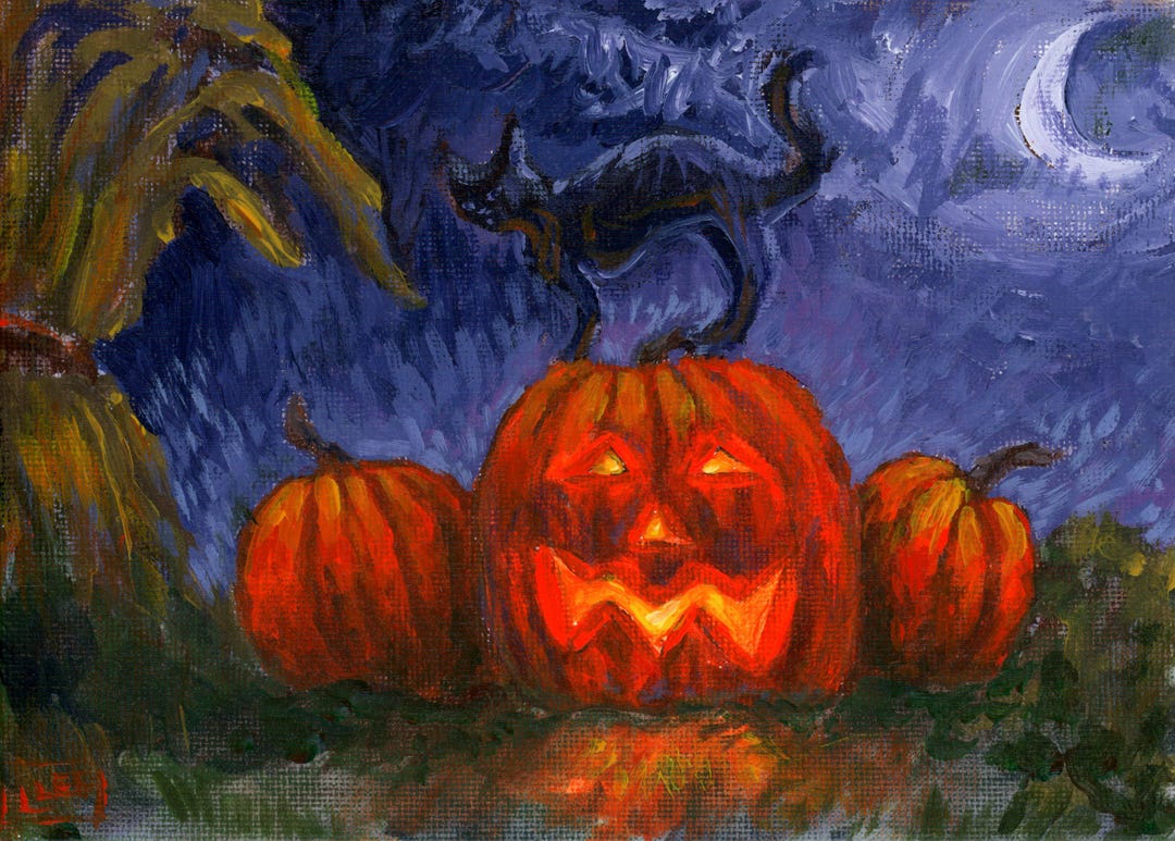 Halloween Black Cat Art Print: Jack-o'-lantern, Crescent Moon, 5x7