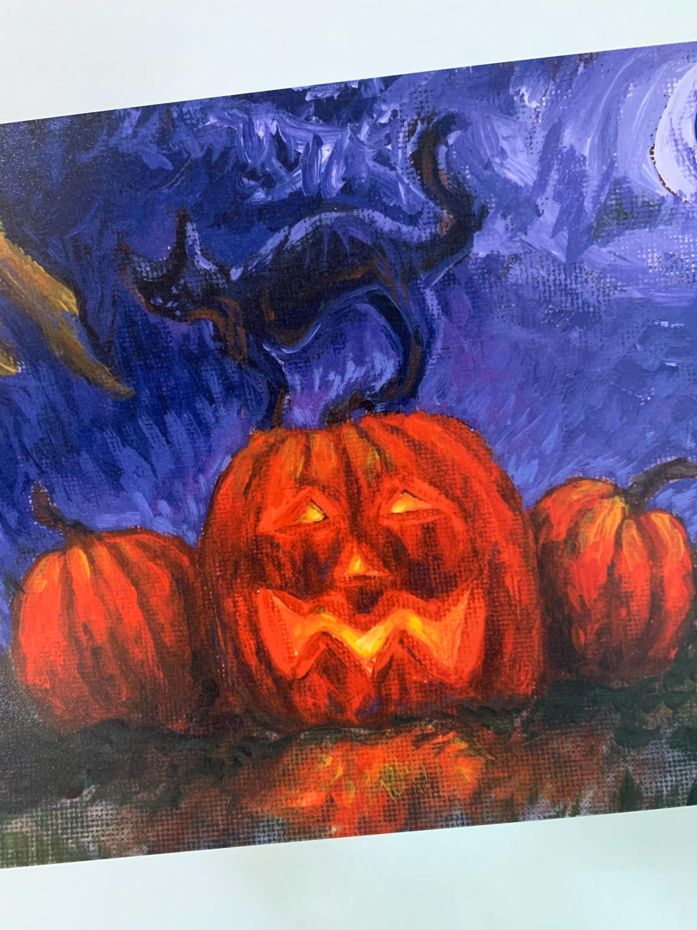 Halloween Black Cat Art Print: Jack-o'-lantern, Crescent Moon, 5x7