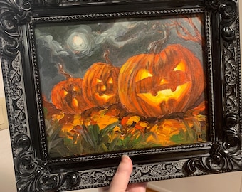 Trio of Jack-o’-Lanterns Halloween Acrylic Painting 8x10 Inches – Spooky Pumpkin Wall Art in Gothic Frame – Haunted Autumn Home Decor