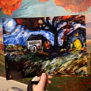 May include: A painting of a house with a yellow door and a tree in the foreground. The house is lit up with yellow lights and there is a full moon in the sky. The painting is done in a style reminiscent of impressionism, with bold brushstrokes and vibrant colors.