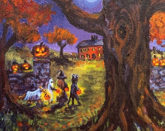 Halloween Magic Trick or Treat 9x12 Inch Spooky Jackolantern Halloween Art Print