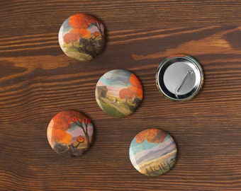 May include: Five round buttons with autumn-themed illustrations. The buttons feature scenes of a horse-drawn carriage, a farmhouse, and a pumpkin. The buttons are on a wooden surface.